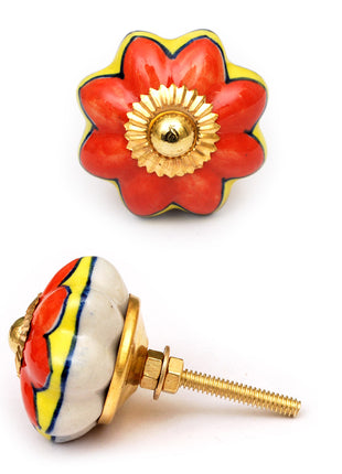 Red and Yellow Floral Print On White Ceramic Door Knob