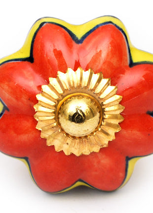 Red and Yellow Floral Print On White Ceramic Door Knob