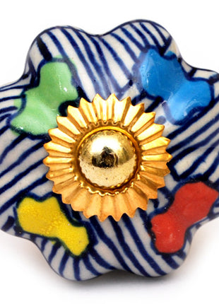 Blue Lining Ceramic Cabinet Knob With Multicolor Petals