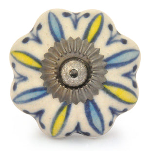 White Ceramic Flower Shaped Door Knob With Turquoise And Yellow Print