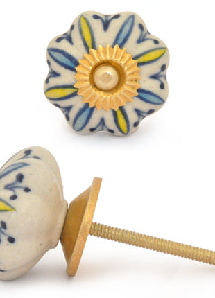 White Ceramic Flower Shaped Door Knob With Turquoise And Yellow Print