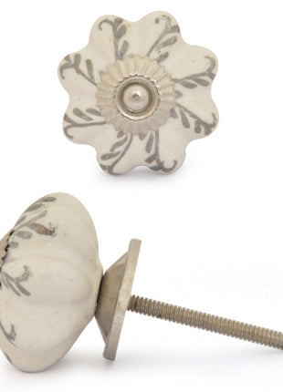 White Base Flower Shaped Ceramic Knob With Silver Print