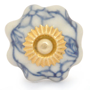 White Floral Ceramic Knob With Handpainted Blue Flowers