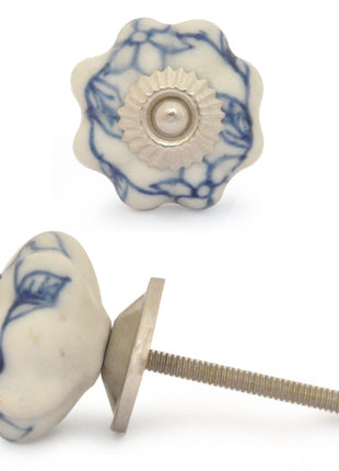 White Floral Ceramic Knob With Handpainted Blue Flowers