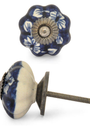 Flower Shaped Blue Base Ceramic Knob With White Print