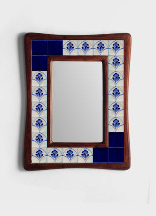 Blue Solid And Floral Tile Mirror On Sagwan Wooden Frame