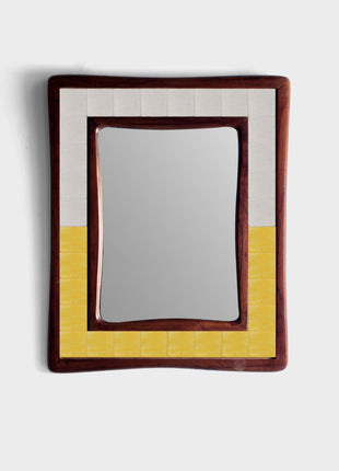 Solid White And Yellow Tile Mirror On Sagwan Wooden Frame