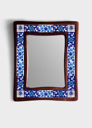 Elegant White And Blue Tile Mirror With Floral Print