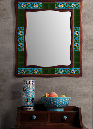 Turquoise And Green Floral Design On Sagwan Wooden Frame