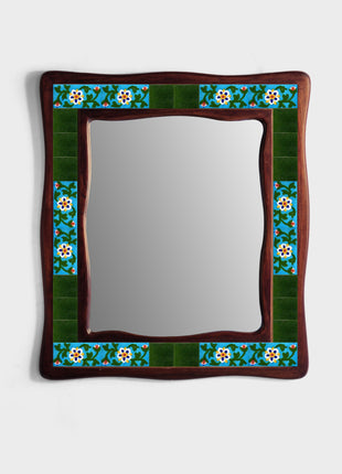 Turquoise And Green Floral Design On Sagwan Wooden Frame