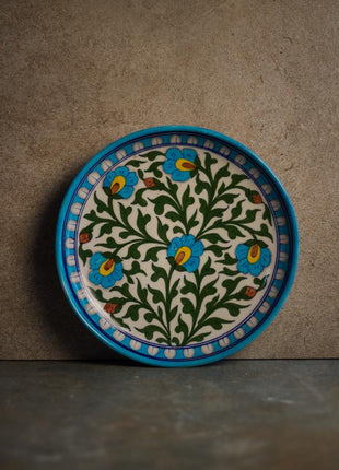 Green Leaves and Turquoise Flowers on White Base Plate 10