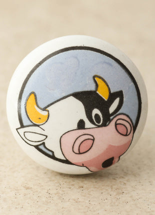 White Ceramic Knob With Beautifully Crafted Cow Design For Kids