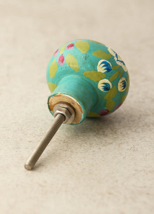 Pink and Lime Blue Flower With green Leaves Wooden Knob