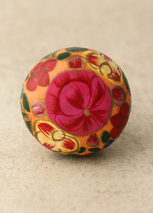 Red Flower and Pink Leaves With Orange Base Wooden Knob
