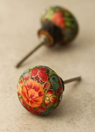 Red Flower Green leaves Wooden Knobs
