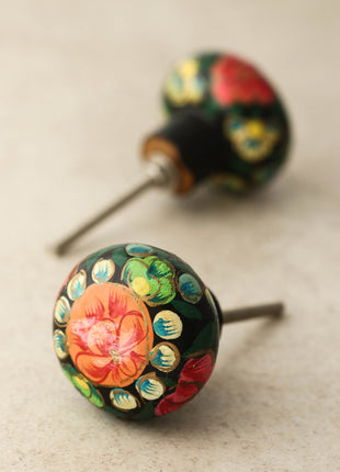 Red Flower Green leaves With Black Base Wooden Knob