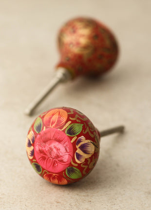 Pink Flower with Green Leaves and Red Base Wooden Knob