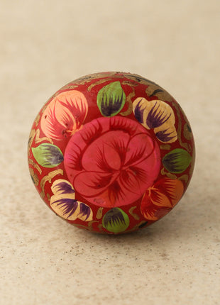 Pink Flower with Green Leaves and Red Base Wooden Knob