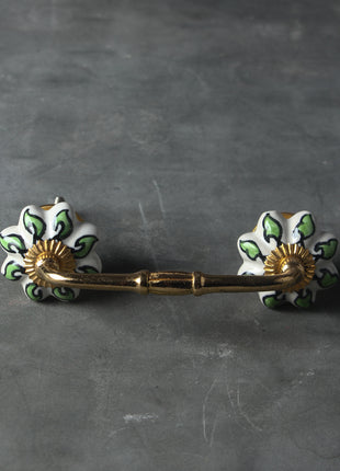 Floral White Royal Ceramic Door Pull With Green Leaves