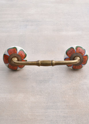 Unique White Base Ceramic Wardrobe Pull With Red Flower