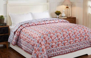 Italian Rose Blue and Brown Hand Screen Print Cotton Quilt