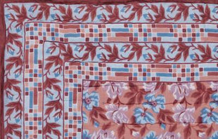 Italian Rose Blue and Brown Hand Screen Print Cotton Quilt