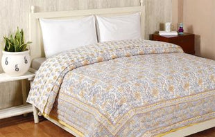 Vaidehi Grey and Yellow Hand Screen Print Cotton Quilt