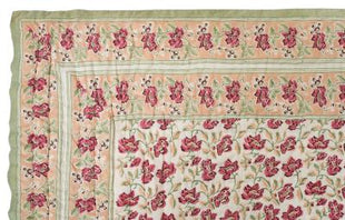 Aradhya Jaal Green and Pink Hand Block Print Cotton Quilt