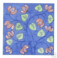 Pink and light green leaves and blue branches on purple tile (4x4-bpt24)