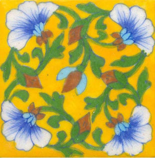 blue & white flower with green leaves on yellow tile 4x4