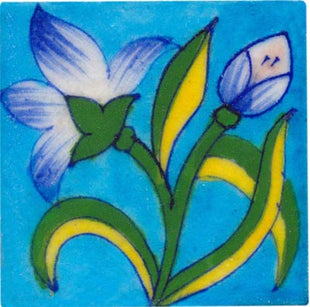 blue & white flower with green and yellow leaves on turquoise tile 3x3