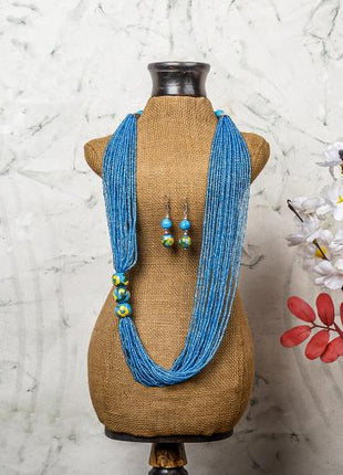 Handmade Turquoise Color Blue Pottery Three Bead Side Necklace with Earrings