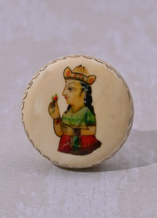 Handpainted Woman On White Resin Bone Kitchen Cabinet Knob