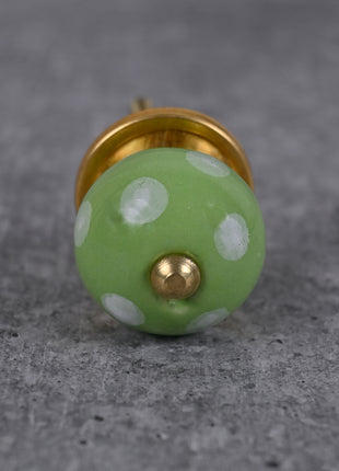 Green Round Knob With Hand Painted White Polka Dots