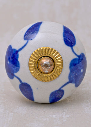 Stylish White Cabinet knob with Blue Leaves