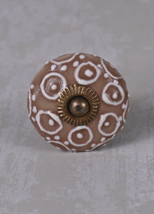 Brown Ceramic Dresser Knob With White Embossed Design