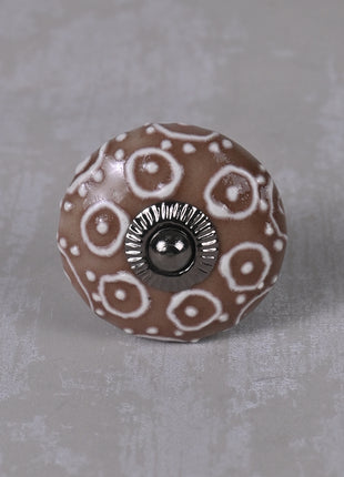 Brown Ceramic Dresser Knob With White Embossed Design