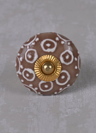 Brown Ceramic Dresser Knob With White Embossed Design