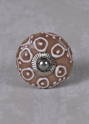 Brown Ceramic Dresser Knob With White Embossed Design