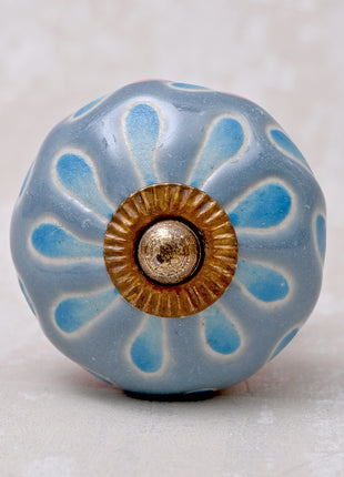 Powder Blue Round Ceramic Dresser Cabinet Knob With Turquoise Flower