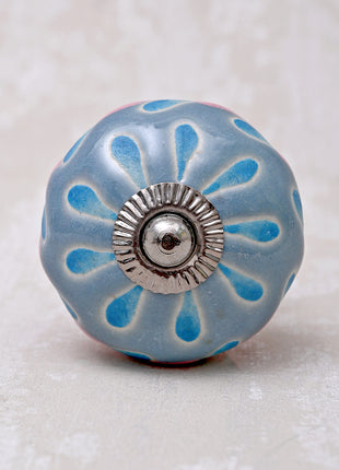 Powder Blue Round Ceramic Dresser Cabinet Knob With Turquoise Flower