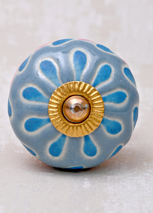 Powder Blue Round Ceramic Dresser Cabinet Knob With Turquoise Flower