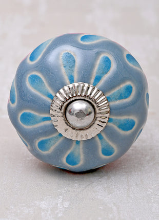 Powder Blue Round Ceramic Dresser Cabinet Knob With Turquoise Flower