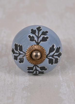 Black Designer Petals on Grey Ceramic Dresser Cabinet Knob