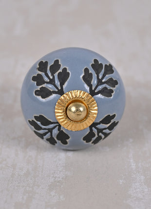 Black Designer Petals on Grey Ceramic Dresser Cabinet Knob