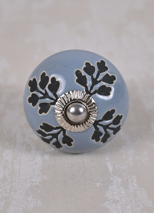 Black Designer Petals on Grey Ceramic Dresser Cabinet Knob