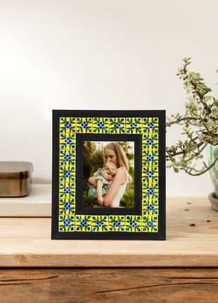 Blue Pottery Photo Frame - Yellow with Blue Flowers