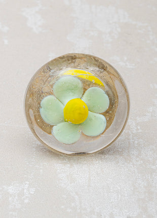 Clear Glass Dresser Cabinet Knob With White And Yellow Flower