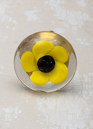 Clear Glass Dresser Cabinet Knob With Black And Yellow Flower