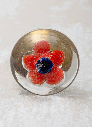 Clear Glass Kitchen Cabinet Knob With Blue And Red Flower